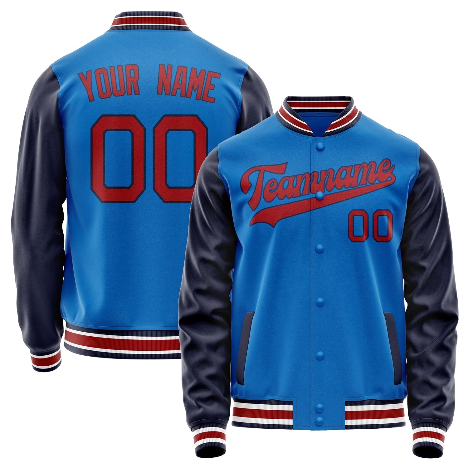 Custom Electric-Blue Red Solid Color Varsity Letterman Jacket JA02240617YH147
