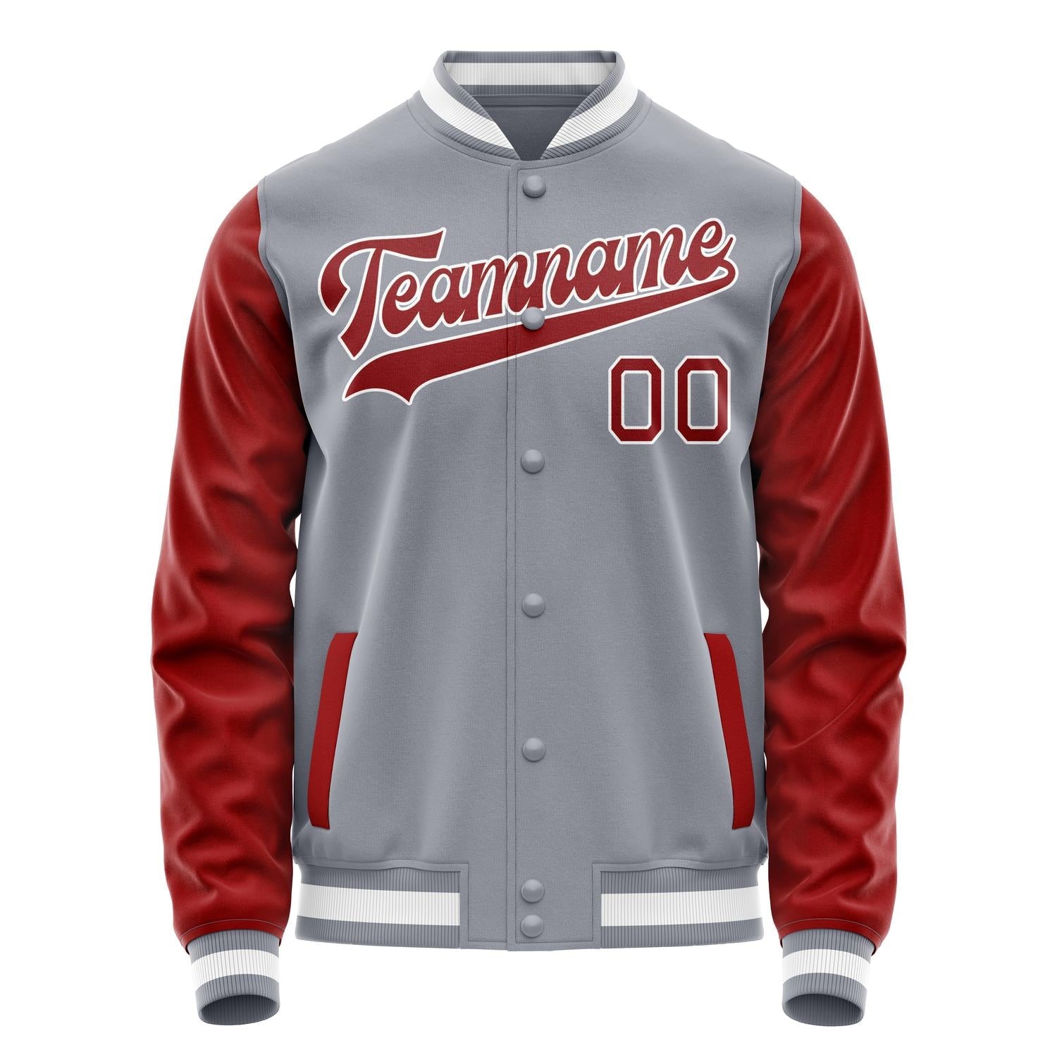 Custom Gray Red Solid Color Varsity Letterman Jacket JA02240617YH152