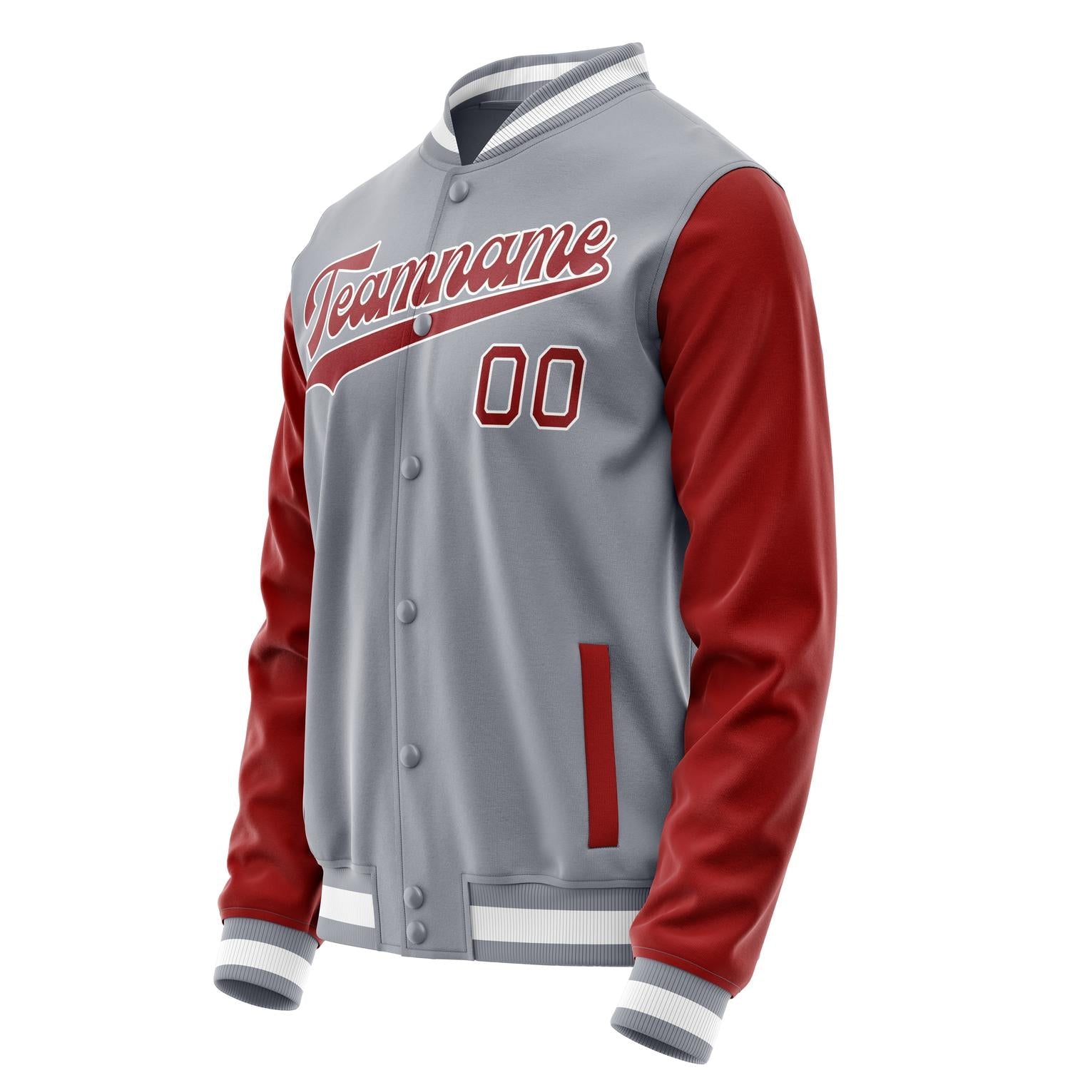 Custom Gray Red Solid Color Varsity Letterman Jacket JA02240617YH152
