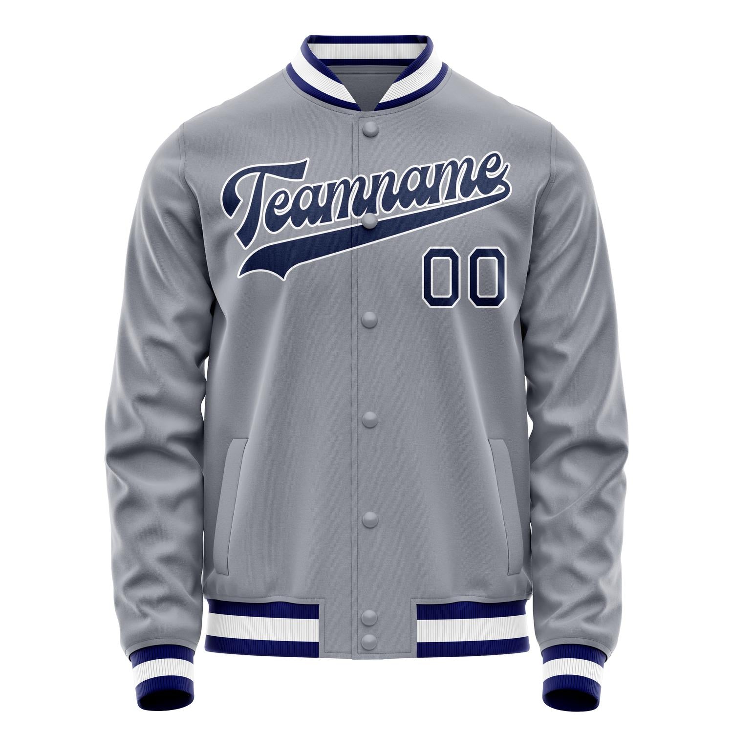 Custom Gray Navy Solid Color Varsity Letterman Jacket JA02240617YH153