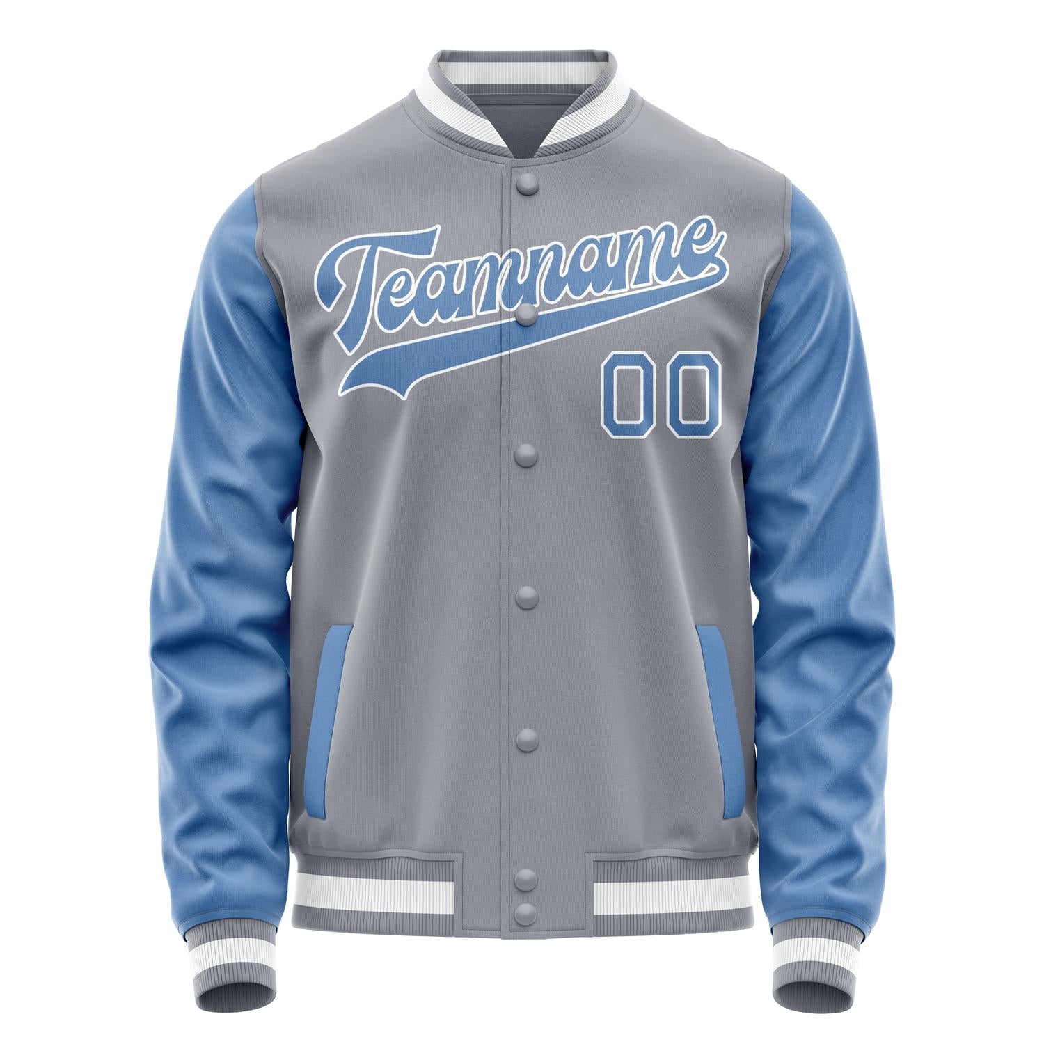 Custom Gray Light-Blue Solid Color Varsity Letterman Jacket JA02240617YH155