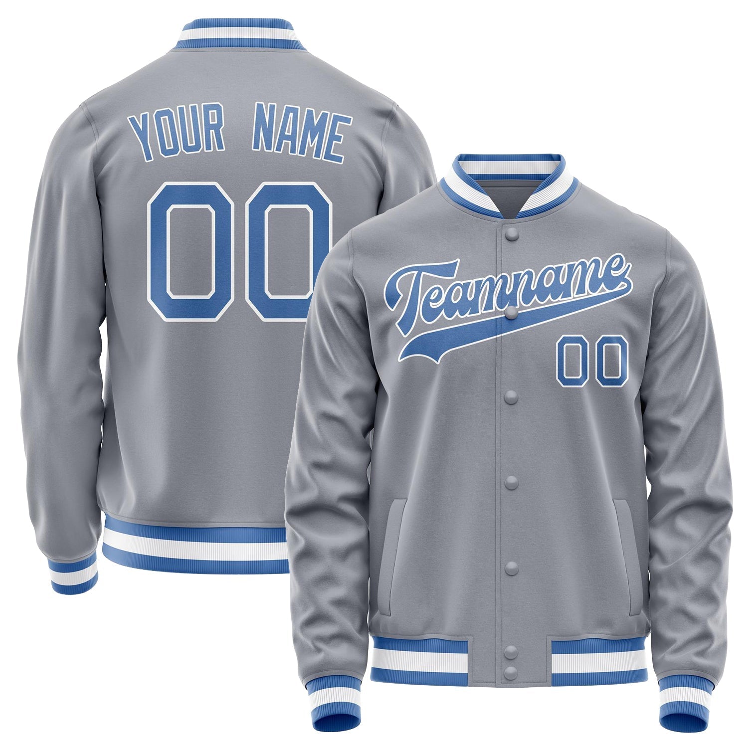 Custom Gray Light-Blue Solid Color Varsity Letterman Jacket JA02240617YH156