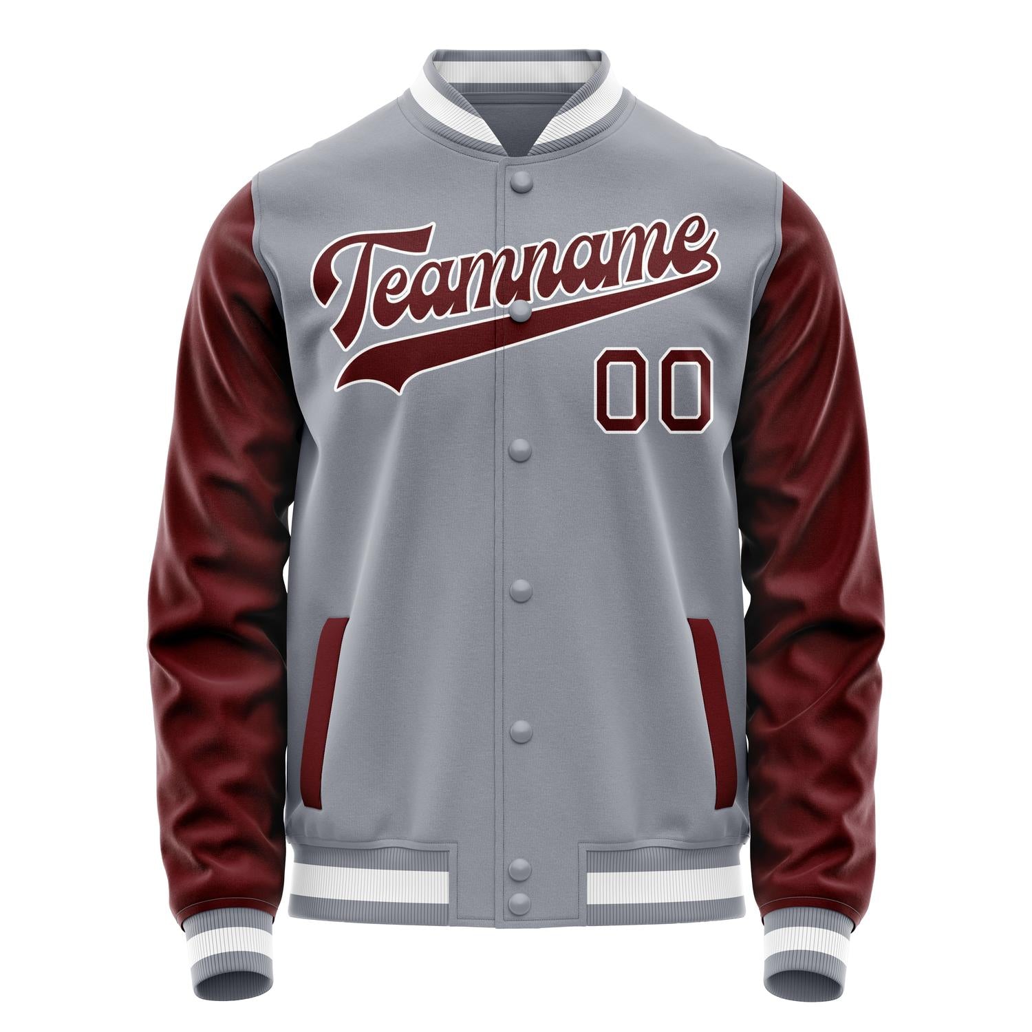 Custom Gray Crimson Solid Color Varsity Letterman Jacket JA02240617YH159
