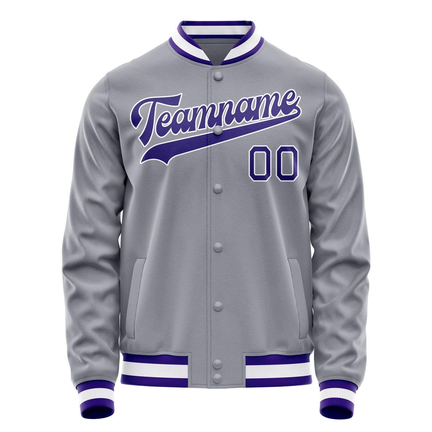Custom Gray Purple Solid Color Varsity Letterman Jacket JA02240617YH160
