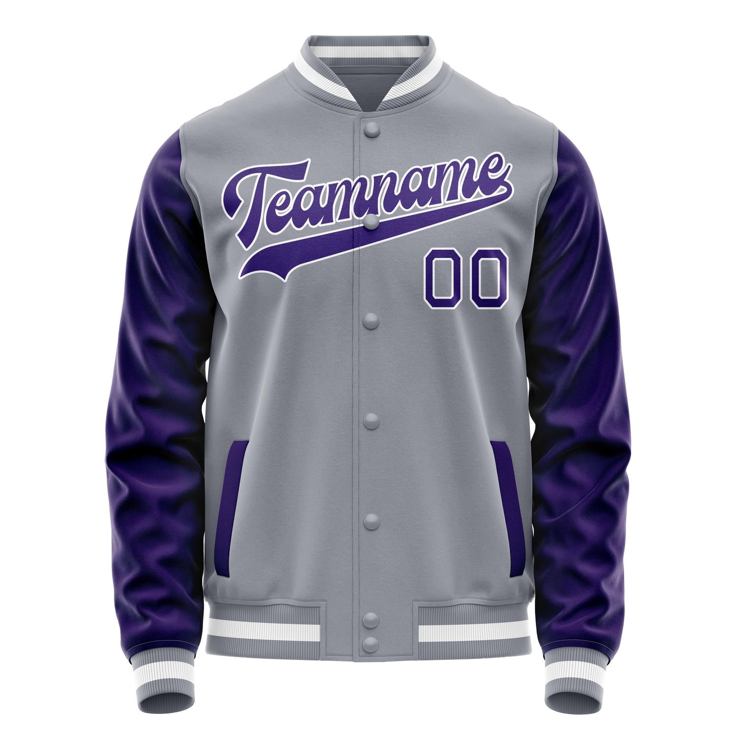 Custom Gray Purple Solid Color Varsity Letterman Jacket JA02240617YH164