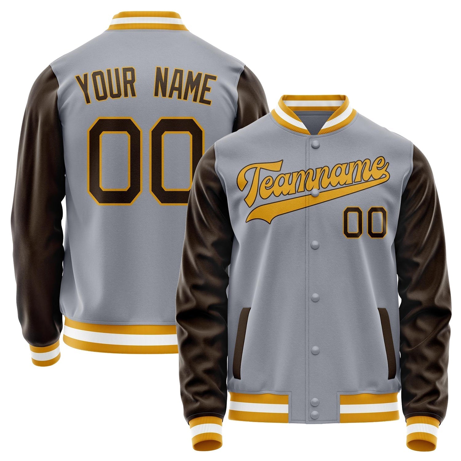 Custom Gray Brown Solid Color Varsity Letterman Jacket JA02240617YH171