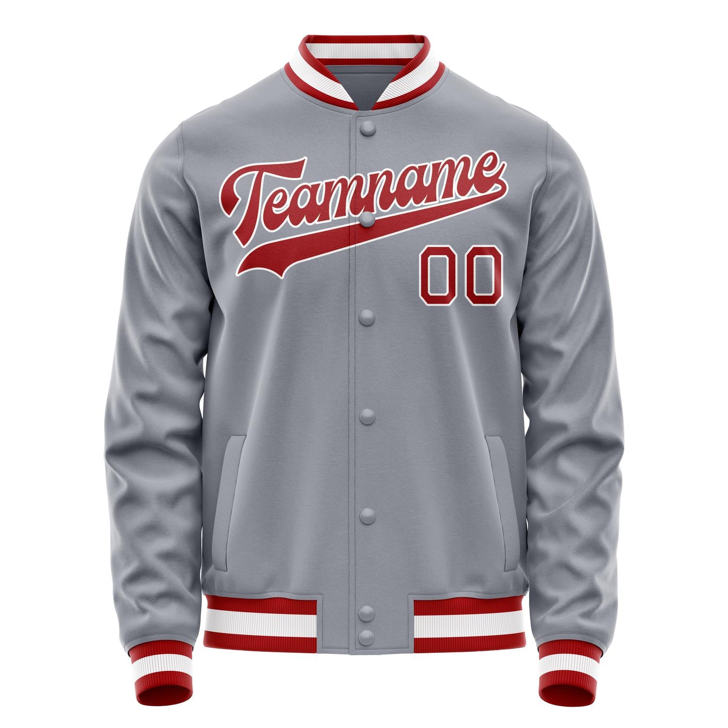 Custom Gray Red Solid Color Varsity Letterman Jacket JA02240617YH175