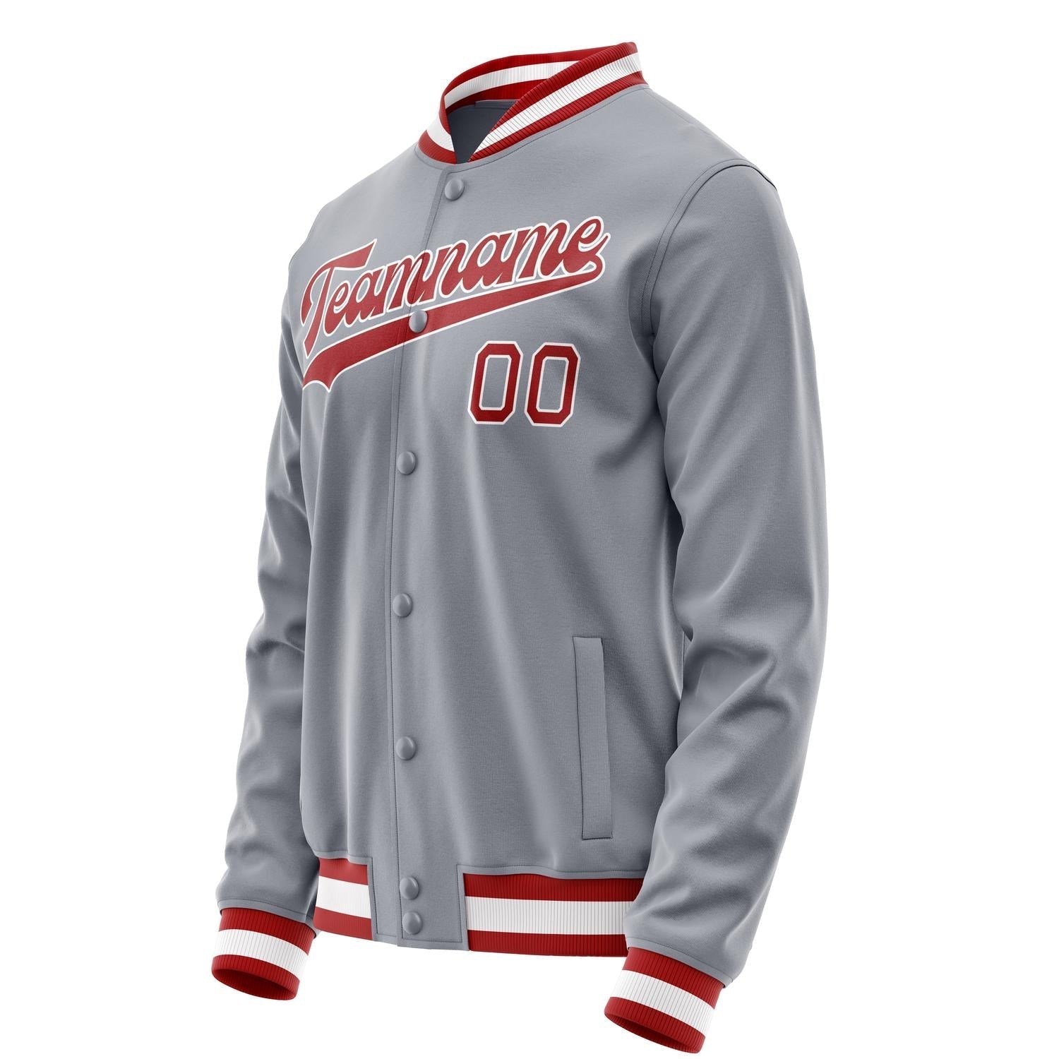 Custom Gray Red Solid Color Varsity Letterman Jacket JA02240617YH175