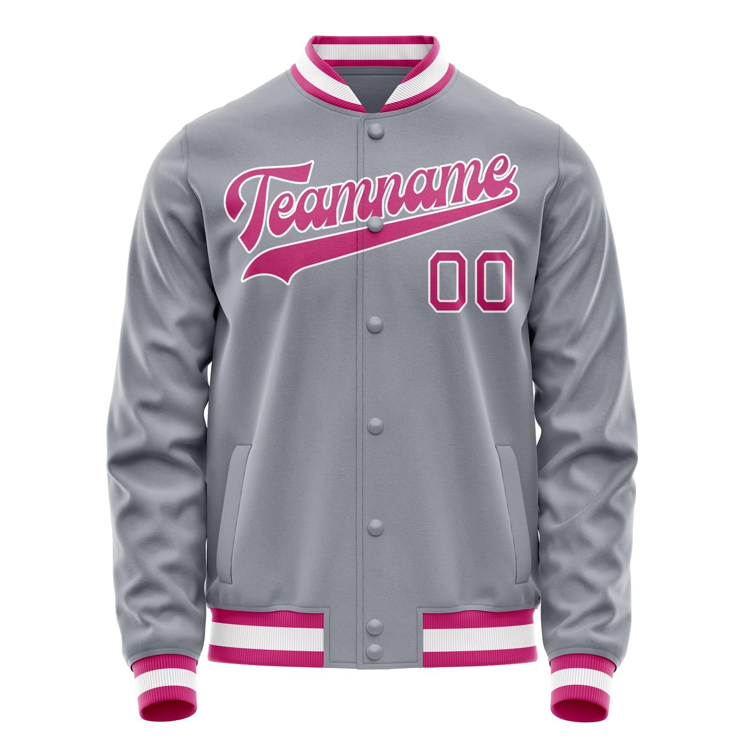 Custom Gray Pink Solid Color Varsity Letterman Jacket JA02240617YH177