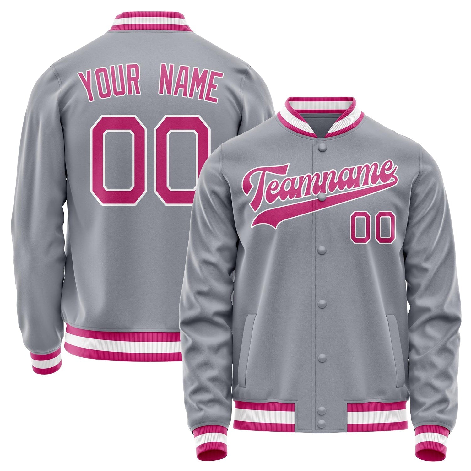 Custom Gray Pink Solid Color Varsity Letterman Jacket JA02240617YH177