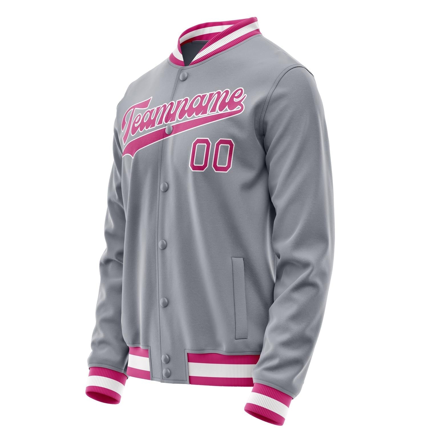 Custom Gray Pink Solid Color Varsity Letterman Jacket JA02240617YH177