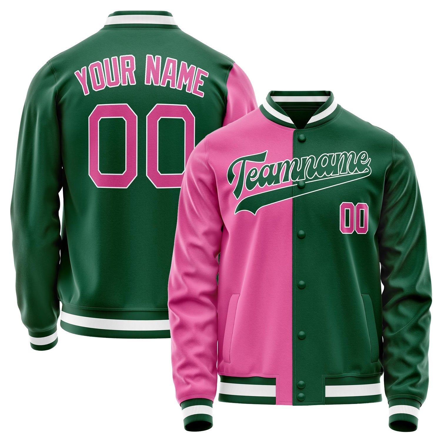 Custom Kelly-Green Pink Split Varsity Letterman Jacket JA02240617ZF208