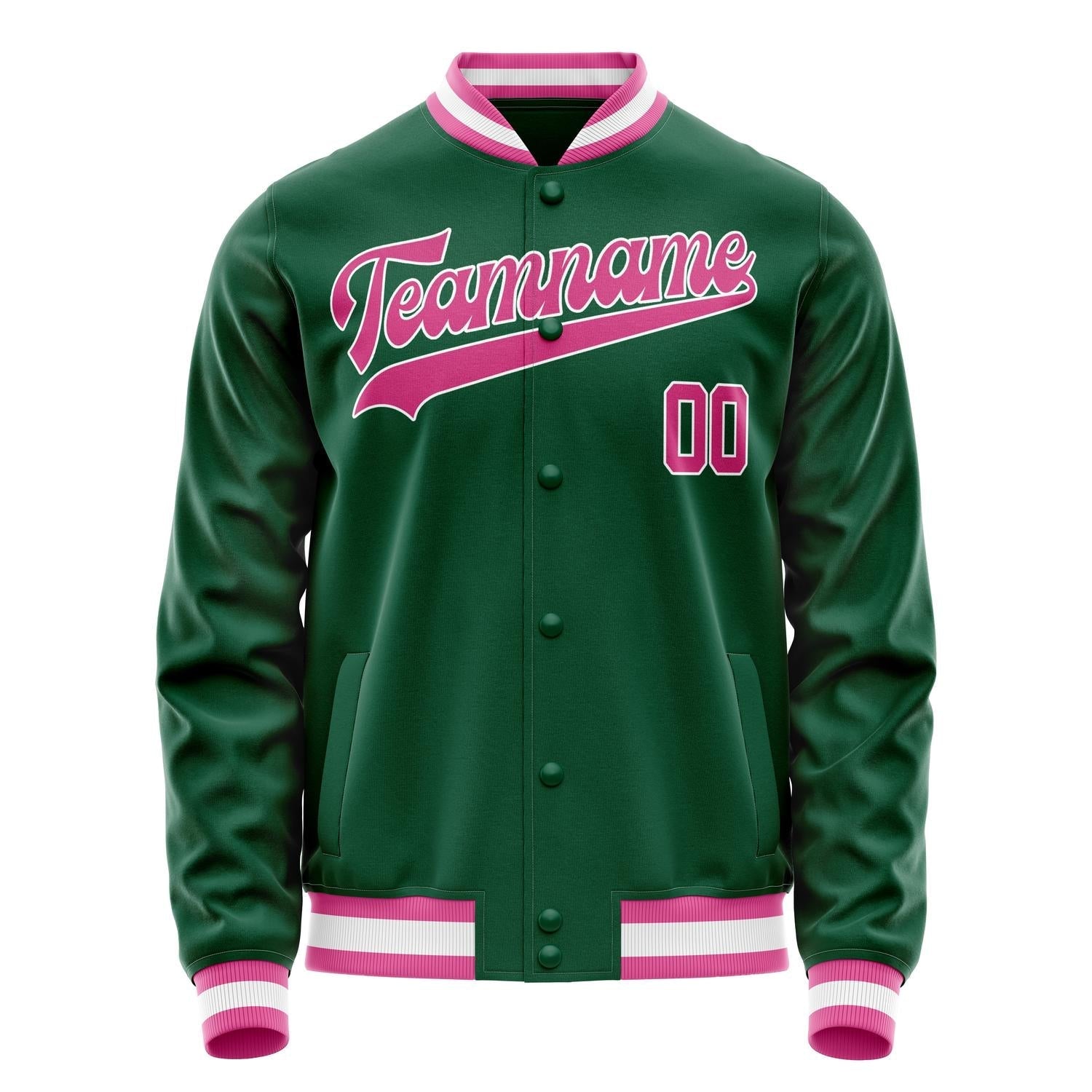 Custom Kelly-Green Pink Solid Color Varsity Letterman Jacket JA02240617ZF216