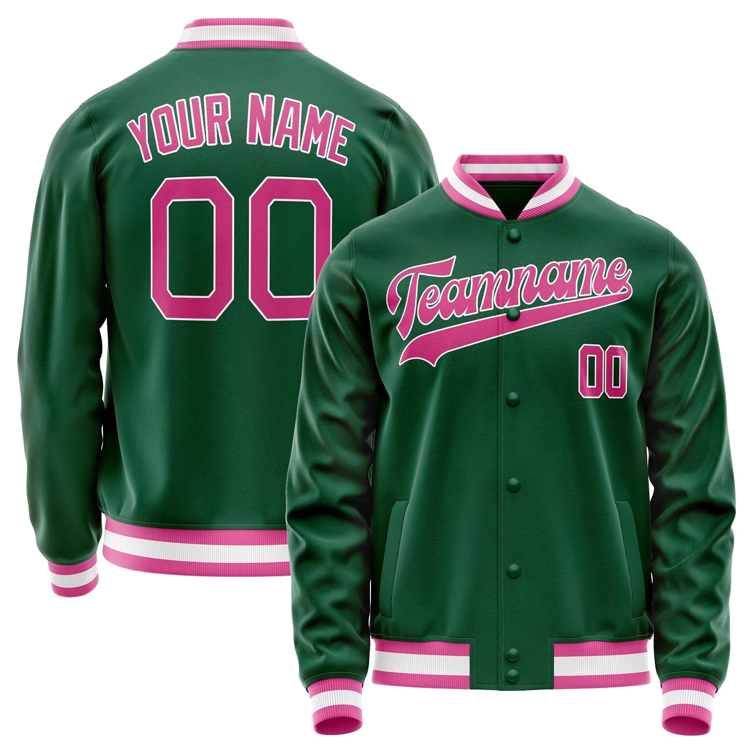 Custom Kelly-Green Pink Solid Color Varsity Letterman Jacket JA02240617ZF216