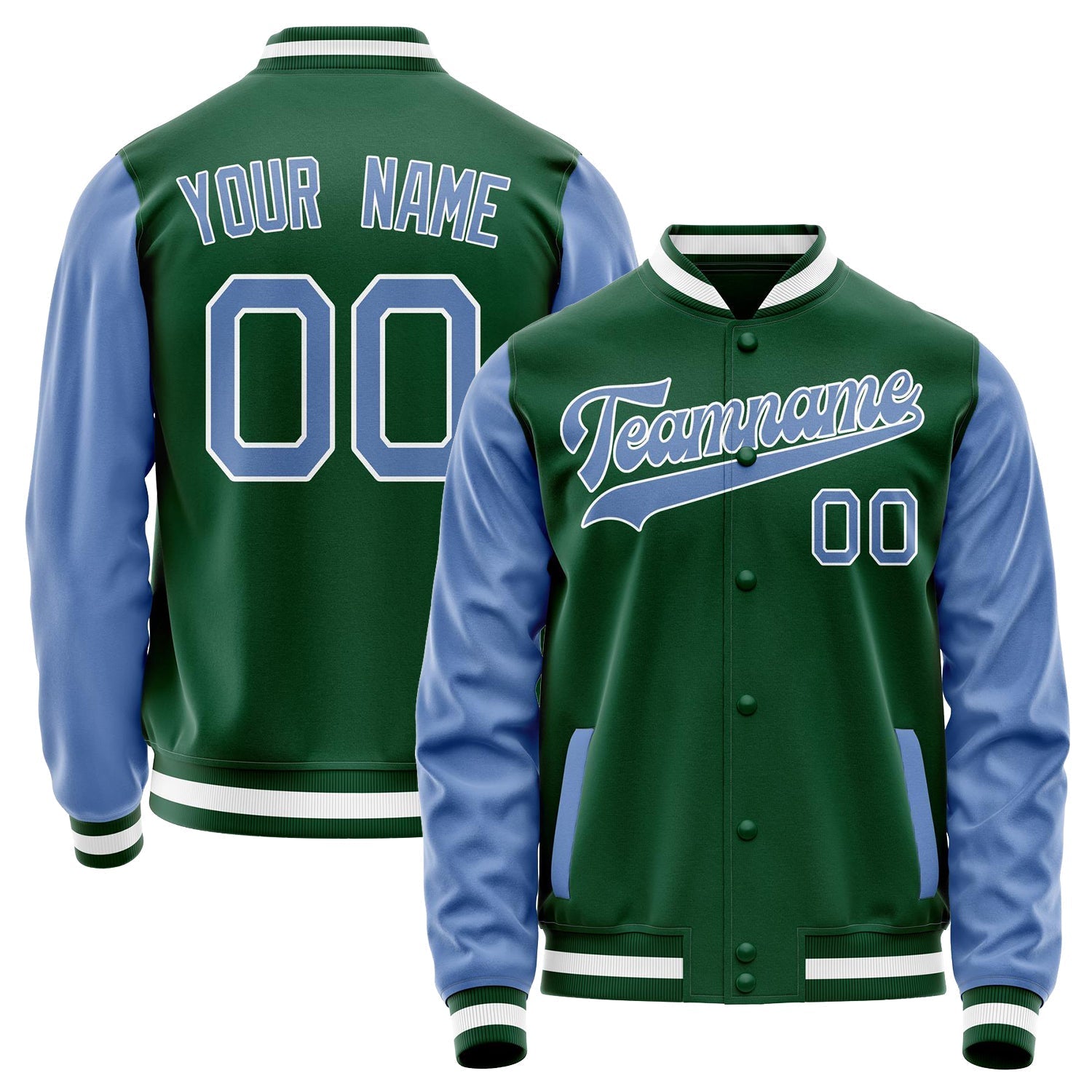 Custom Kelly-Green Light-Blue Solid Color Varsity Letterman Jacket JA02240617ZF220