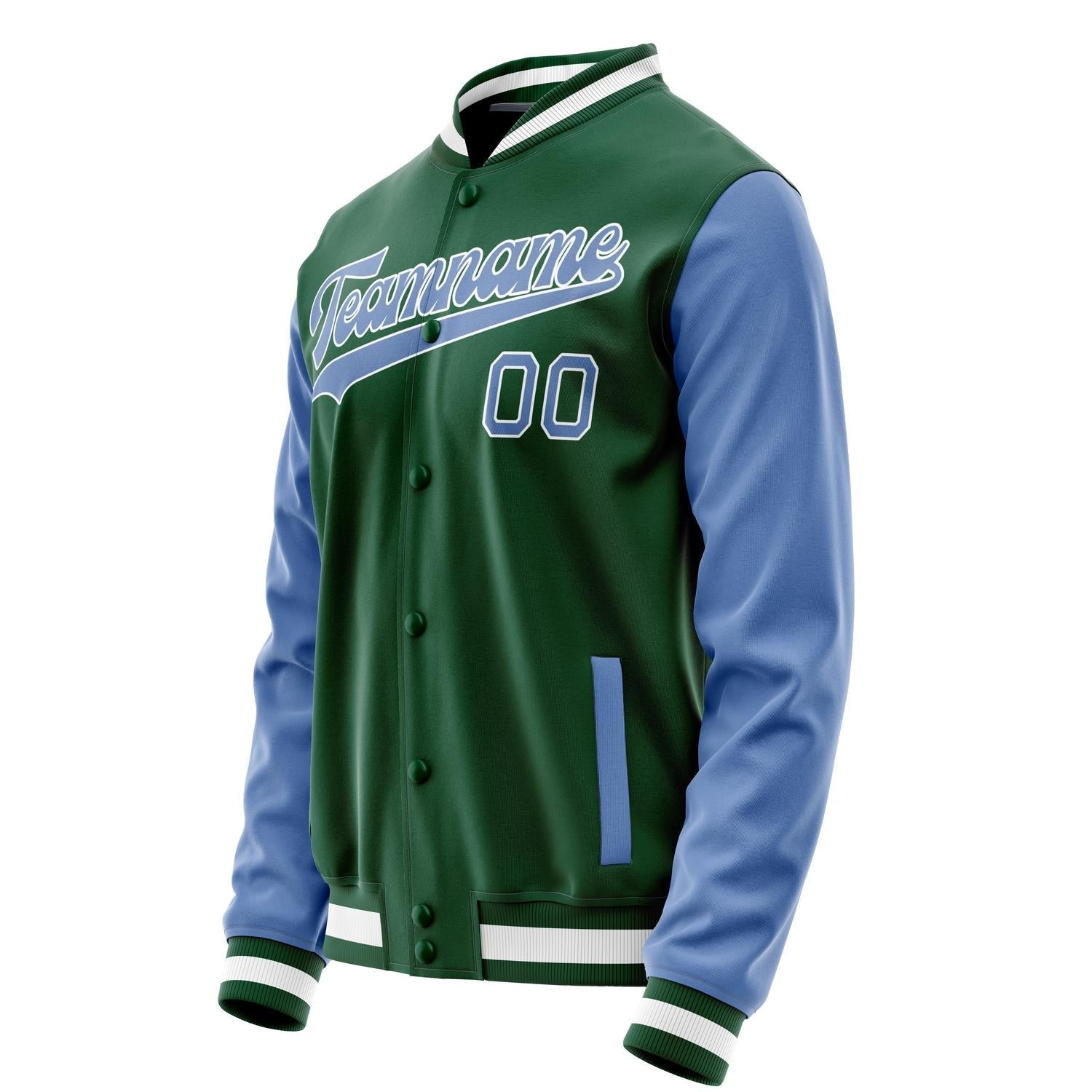 Custom Kelly-Green Light-Blue Solid Color Varsity Letterman Jacket JA02240617ZF220