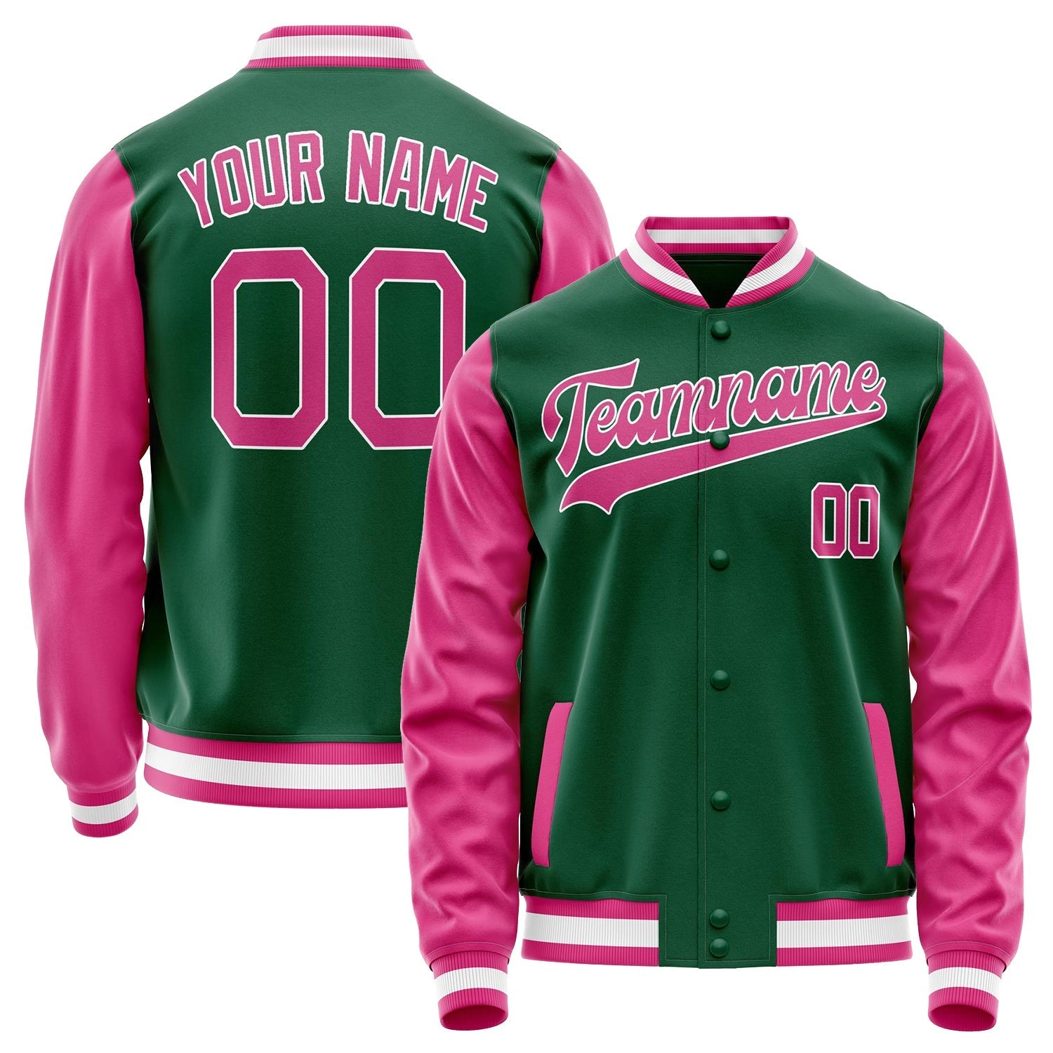 Custom Kelly-Green Pink Solid Color Varsity Letterman Jacket JA02240617ZF232