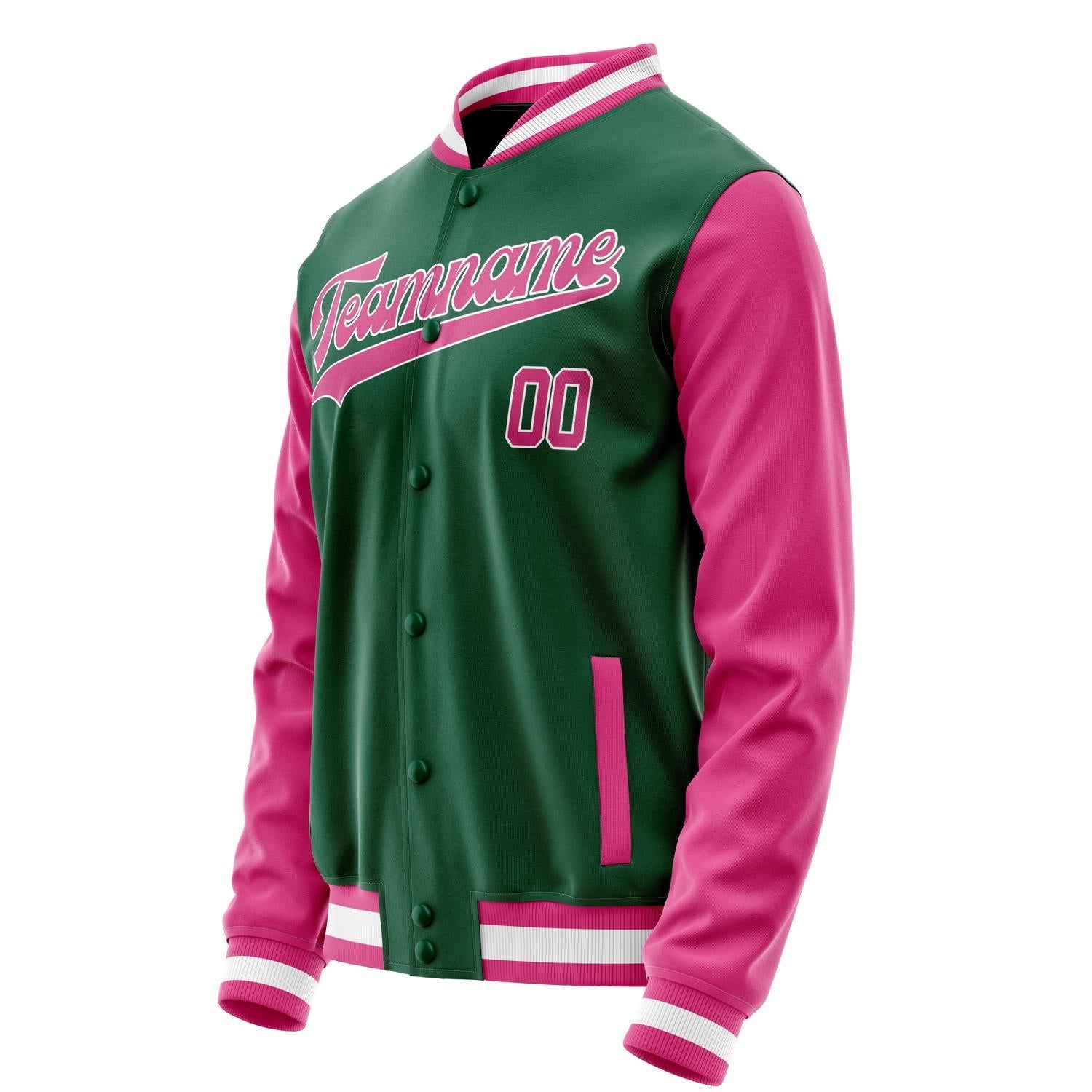 Custom Kelly-Green Pink Solid Color Varsity Letterman Jacket JA02240617ZF232